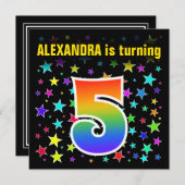 Farbenfrohe Sterne + Regenbogenmuster "5" Geburtst Einladung (Vorne/Hinten)