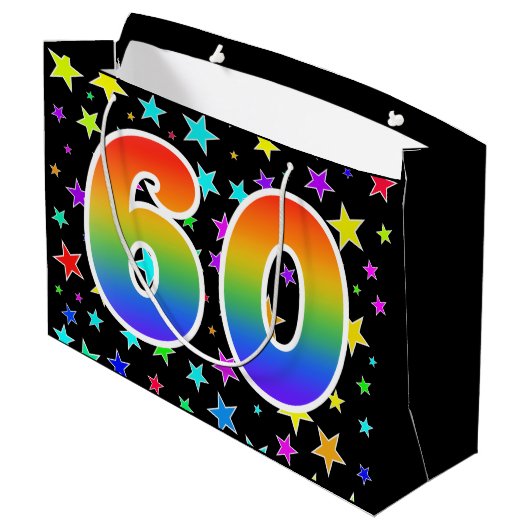 Farbenfrohe Sterne + Regenbogenmuster "60" Event # Große Geschenktüte (Rückseite Schrägansicht)