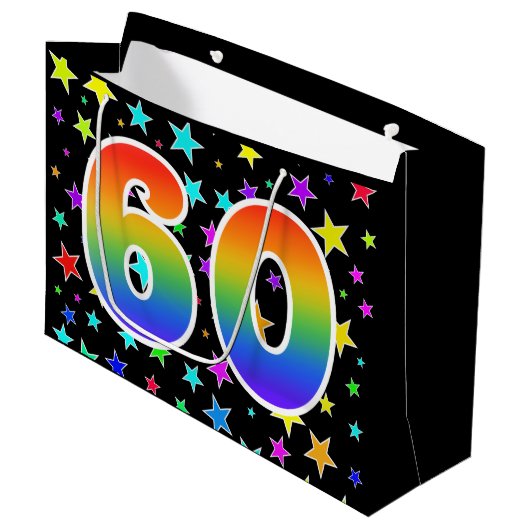 Farbenfrohe Sterne + Regenbogenmuster "60" Event # Große Geschenktüte (Vorderseite Schrägansicht)