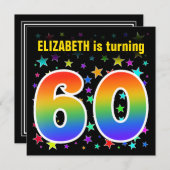 Farbenfrohe Sterne + Regenbogenmuster "60" Geburts Einladung (Vorne/Hinten)