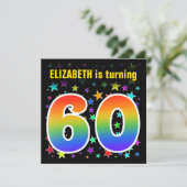 Farbenfrohe Sterne + Regenbogenmuster "60" Geburts Einladung (Stehend Vorderseite)