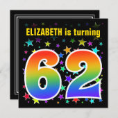 Farbenfrohe Sterne + Regenbogenmuster "62" Geburts Einladung (Vorne/Hinten)