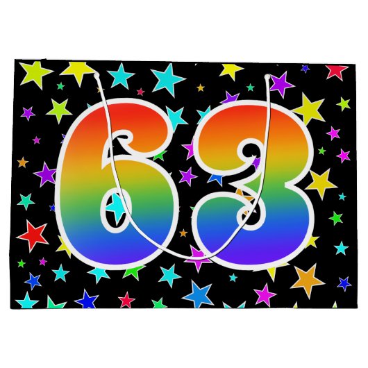 Farbenfrohe Sterne + Regenbogenmuster "63" Event # Große Geschenktüte (Rückseite)
