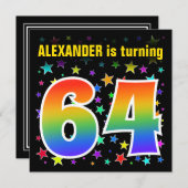Farbenfrohe Sterne + Regenbogenmuster "64" Geburts Einladung (Vorne/Hinten)