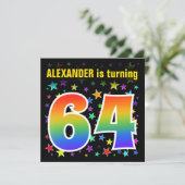Farbenfrohe Sterne + Regenbogenmuster "64" Geburts Einladung (Stehend Vorderseite)