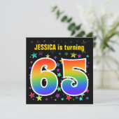 Farbenfrohe Sterne + Regenbogenmuster "65" Geburts Einladung (Stehend Vorderseite)