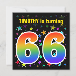 Farbenfrohe Sterne + Regenbogenmuster "66" Geburts Einladung