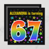 Farbenfrohe Sterne + Regenbogenmuster "67" Geburts Einladung (Vorne/Hinten)