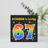 Farbenfrohe Sterne + Regenbogenmuster "67" Geburts Einladung (Stehend Vorderseite)