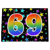 Farbenfrohe Sterne + Regenbogenmuster "69" Event # Große Geschenktüte (Vorderseite)