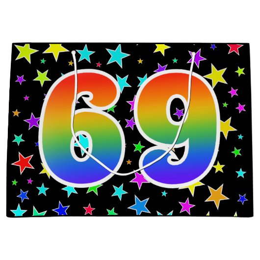 Farbenfrohe Sterne + Regenbogenmuster "69" Event # Große Geschenktüte (Vorderseite)