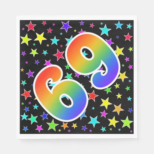 Farbenfrohe Sterne + Regenbogenmuster "69" Event # Serviette (Vorderseite)