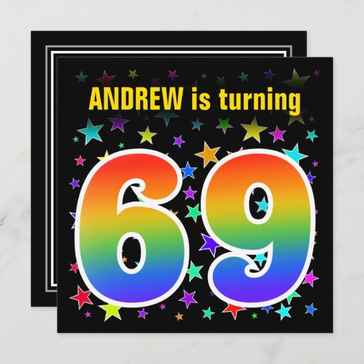Farbenfrohe Sterne + Regenbogenmuster "69" Geburts Einladung (Vorne/Hinten)
