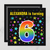 Farbenfrohe Sterne + Regenbogenmuster "6" Geburtst Einladung (Vorne/Hinten)