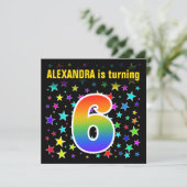 Farbenfrohe Sterne + Regenbogenmuster "6" Geburtst Einladung (Stehend Vorderseite)