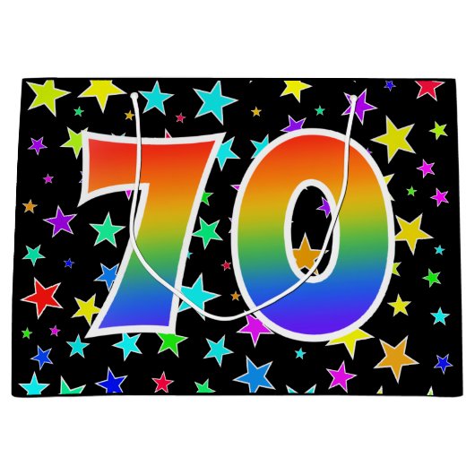 Farbenfrohe Sterne + Regenbogenmuster "70" Event # Große Geschenktüte (Vorderseite)