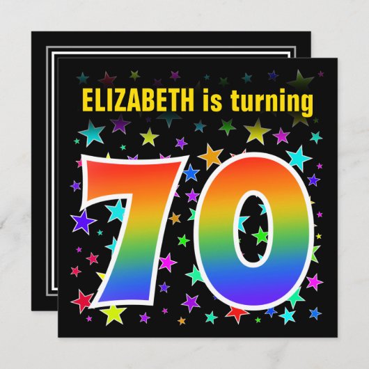 Farbenfrohe Sterne + Regenbogenmuster "70" Geburts Einladung (Vorne/Hinten)