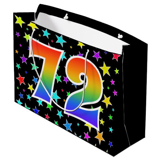 Farbenfrohe Sterne + Regenbogenmuster "72" Event # Große Geschenktüte (Rückseite Schrägansicht)