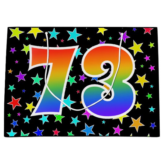 Farbenfrohe Sterne + Regenbogenmuster "73" Event # Große Geschenktüte (Vorderseite)