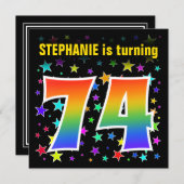 Farbenfrohe Sterne + Regenbogenmuster "74" Geburts Einladung (Vorne/Hinten)