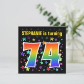 Farbenfrohe Sterne + Regenbogenmuster "74" Geburts Einladung (Stehend Vorderseite)