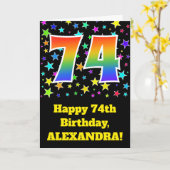 Farbenfrohe Sterne + Regenbogenmuster "74" Geburts Karte (Gelbe Blume)