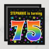 Farbenfrohe Sterne + Regenbogenmuster "75" Geburts Einladung (Vorne/Hinten)