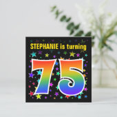 Farbenfrohe Sterne + Regenbogenmuster "75" Geburts Einladung (Stehend Vorderseite)