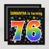 Farbenfrohe Sterne + Regenbogenmuster "76" Geburts Einladung (Vorne/Hinten)