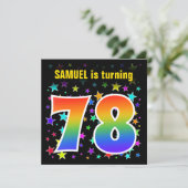 Farbenfrohe Sterne + Regenbogenmuster "78" Geburts Einladung (Stehend Vorderseite)