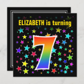 Farbenfrohe Sterne + Regenbogenmuster "7" Geburtst Einladung (Vorne/Hinten)