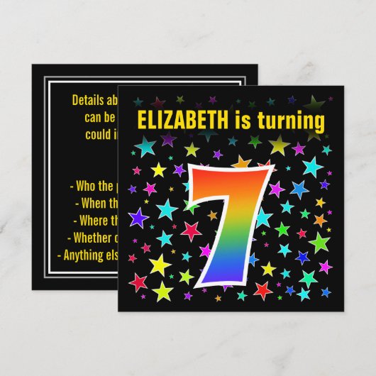 Farbenfrohe Sterne + Regenbogenmuster "7" Geburtst Einladung (Vorne/Hinten)