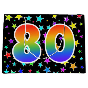 Farbenfrohe Sterne + Regenbogenmuster "80" Event # Große Geschenktüte