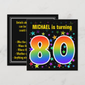 Farbenfrohe Sterne + Regenbogenmuster "80" Geburts Einladung (Vorne/Hinten)