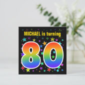 Farbenfrohe Sterne + Regenbogenmuster "80" Geburts Einladung (Stehend Vorderseite)