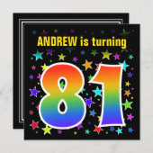 Farbenfrohe Sterne + Regenbogenmuster "81" Geburts Einladung (Vorne/Hinten)