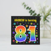 Farbenfrohe Sterne + Regenbogenmuster "81" Geburts Einladung (Stehend Vorderseite)
