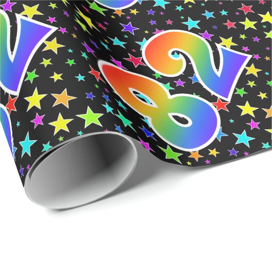 Farbenfrohe Sterne + Regenbogenmuster "82" Event # Geschenkpapier (Rolleneckpunkt)