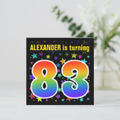 Farbenfrohe Sterne + Regenbogenmuster "83" Geburts Einladung (Stehend Vorderseite)
