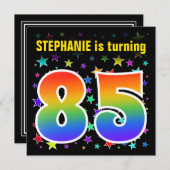 Farbenfrohe Sterne + Regenbogenmuster "85" Geburts Einladung (Vorne/Hinten)