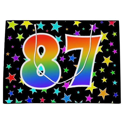 Farbenfrohe Sterne + Regenbogenmuster "87" Event # Große Geschenktüte (Vorderseite)