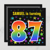 Farbenfrohe Sterne + Regenbogenmuster "87" Geburts Einladung (Vorne/Hinten)