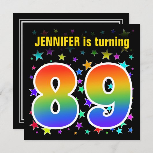 Farbenfrohe Sterne + Regenbogenmuster "89" Geburts Einladung (Vorne/Hinten)