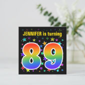 Farbenfrohe Sterne + Regenbogenmuster "89" Geburts Einladung (Stehend Vorderseite)