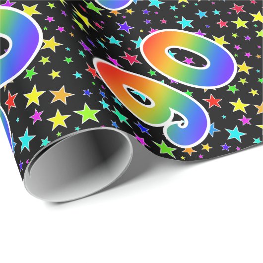 Farbenfrohe Sterne + Regenbogenmuster "90" Event # Geschenkpapier (Rolleneckpunkt)