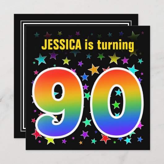Farbenfrohe Sterne + Regenbogenmuster "90" Geburts Einladung (Vorne/Hinten)
