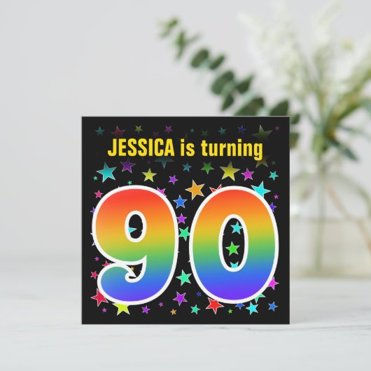 Farbenfrohe Sterne + Regenbogenmuster "90" Geburts Einladung (Stehend Vorderseite)