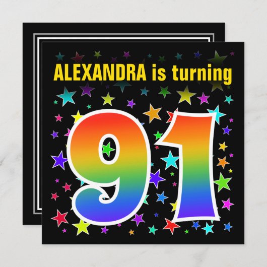 Farbenfrohe Sterne + Regenbogenmuster "91" Geburts Einladung (Vorne/Hinten)