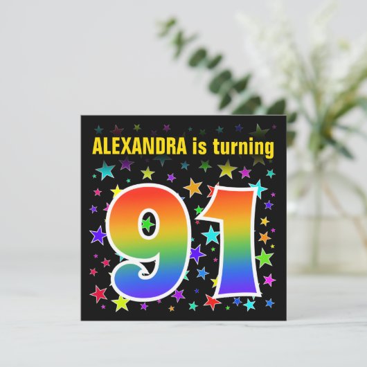 Farbenfrohe Sterne + Regenbogenmuster "91" Geburts Einladung (Stehend Vorderseite)
