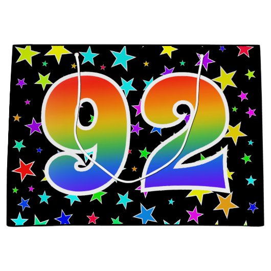 Farbenfrohe Sterne + Regenbogenmuster "92" Event # Große Geschenktüte (Vorderseite)